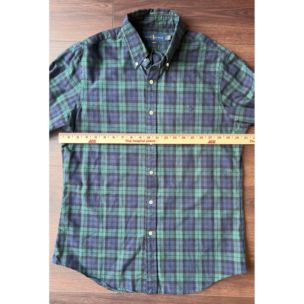 Polo Ralph Lauren Slim Fit Shirt Mens Large Green Navy Black Watch Plaid Cotton